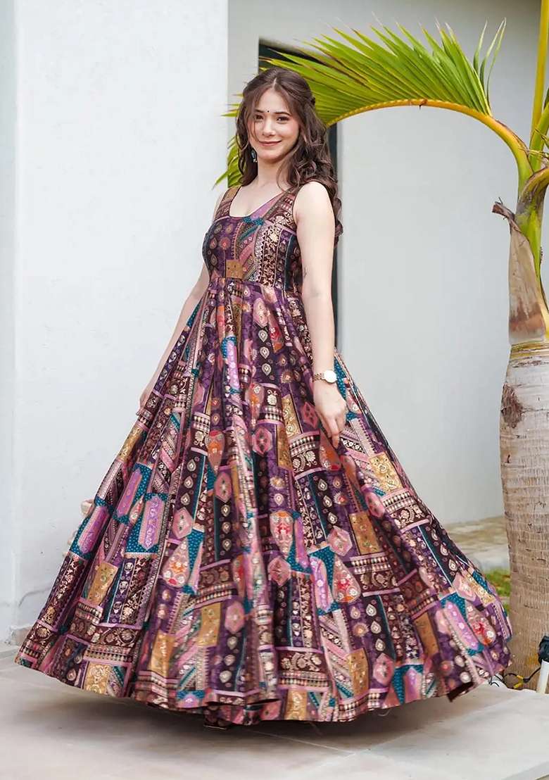 Lavender Printed Silk Blend Anarkali With Dupatta - Indya