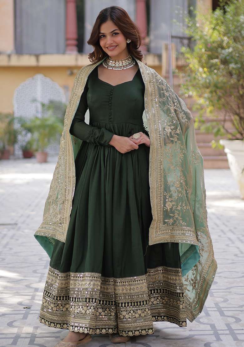 Green Embroidered Silk Anarkali With Dupatta - Indya