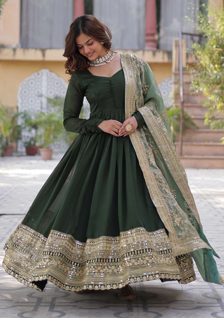 Green Embroidered Silk Anarkali With Dupatta - Indya