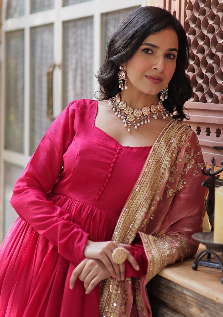 Pink Embroidered Silk Anarkali set