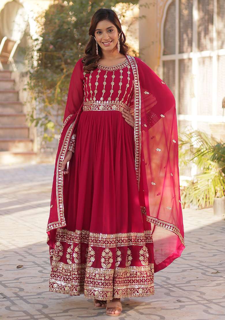 Pink Embroidered Georgette Anarkali With Dupatta - Indya