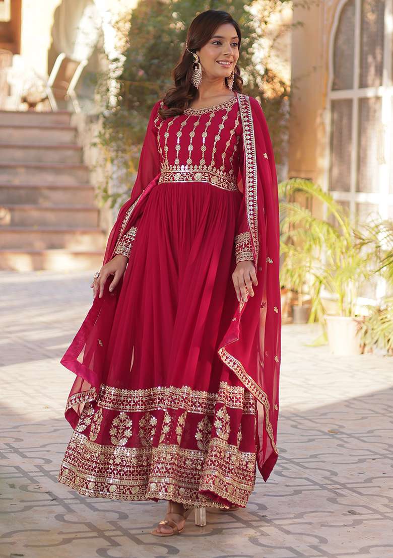 Pink Embroidered Georgette Anarkali With Dupatta - Indya