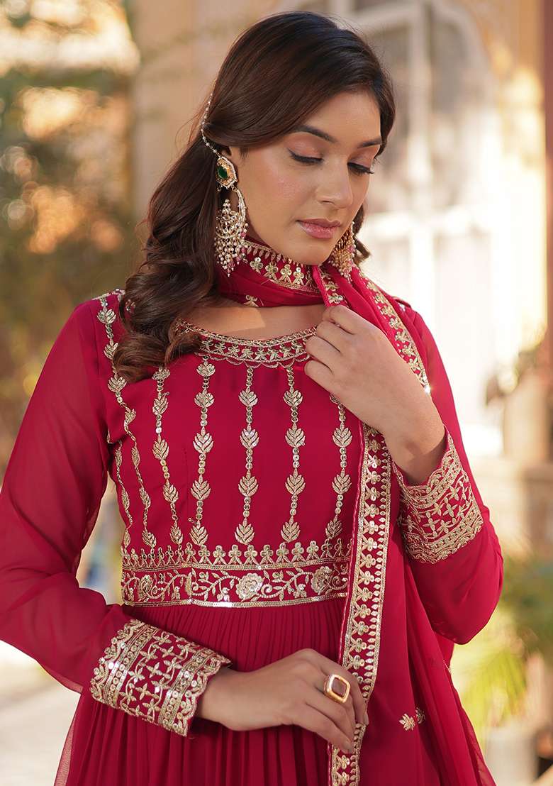 Pink Embroidered Georgette Anarkali With Dupatta - Indya
