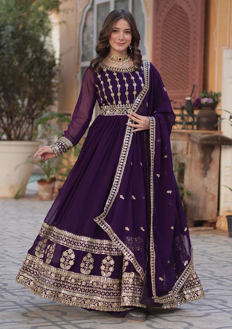 Purple Embroidered Georgette Anarkali With Dupatta - Indya