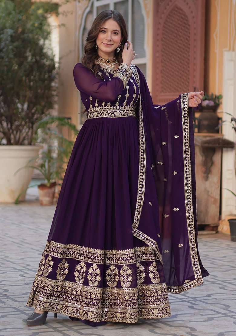 Purple Embroidered Georgette Anarkali With Dupatta - Indya