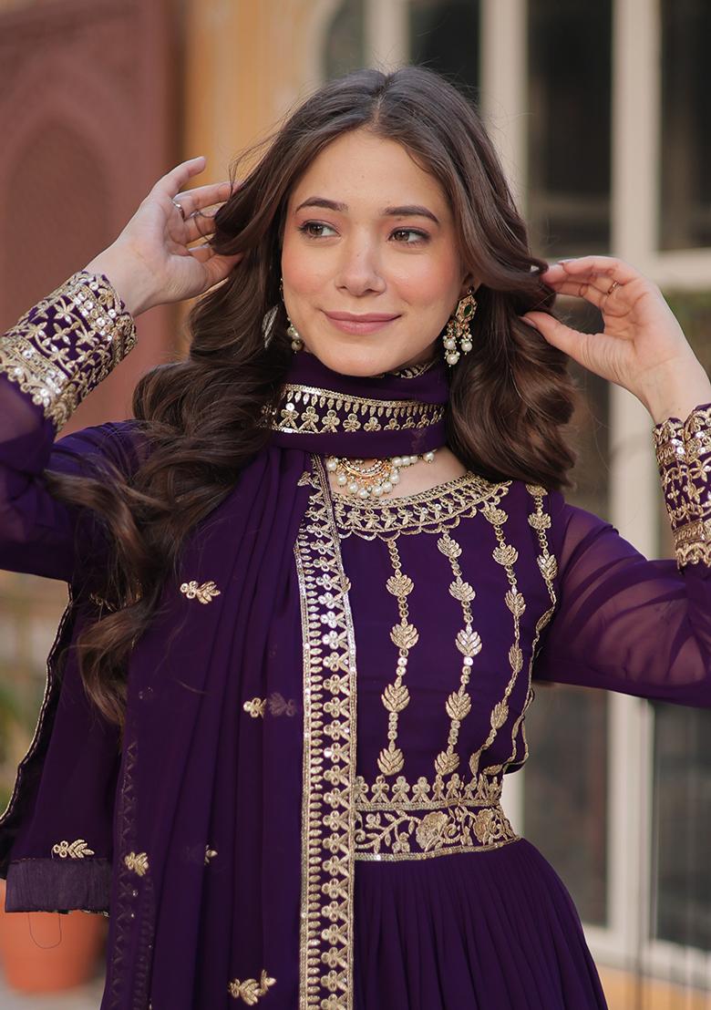 Purple Embroidered Georgette Anarkali set