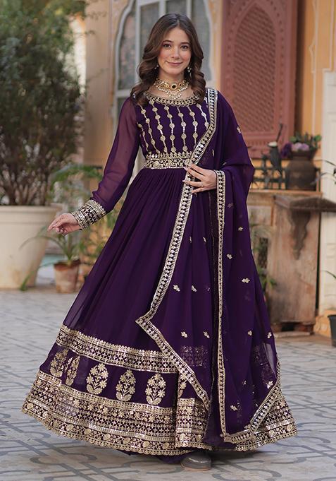 Purple Embroidered Georgette Anarkali set
