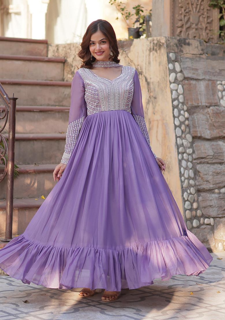 Lavender Embroidered Georgette Anarkali With Dupatta - Indya