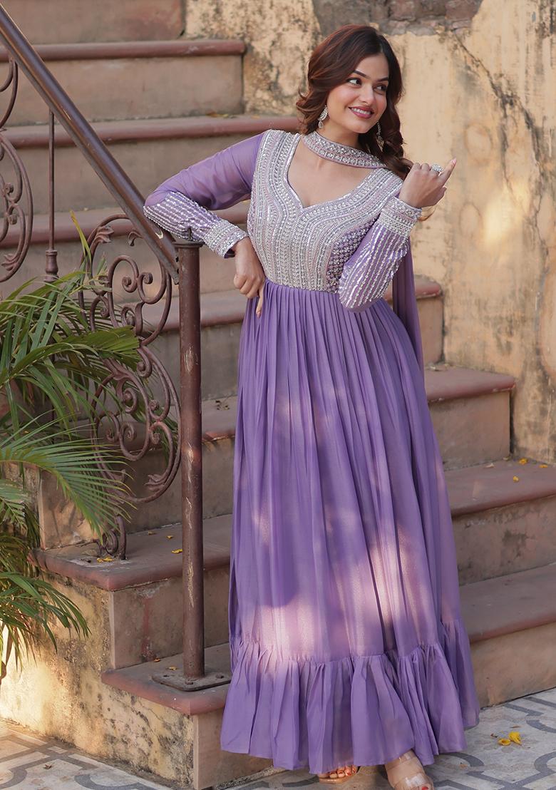 Lavender Embroidered Georgette Anarkali With Dupatta - Indya