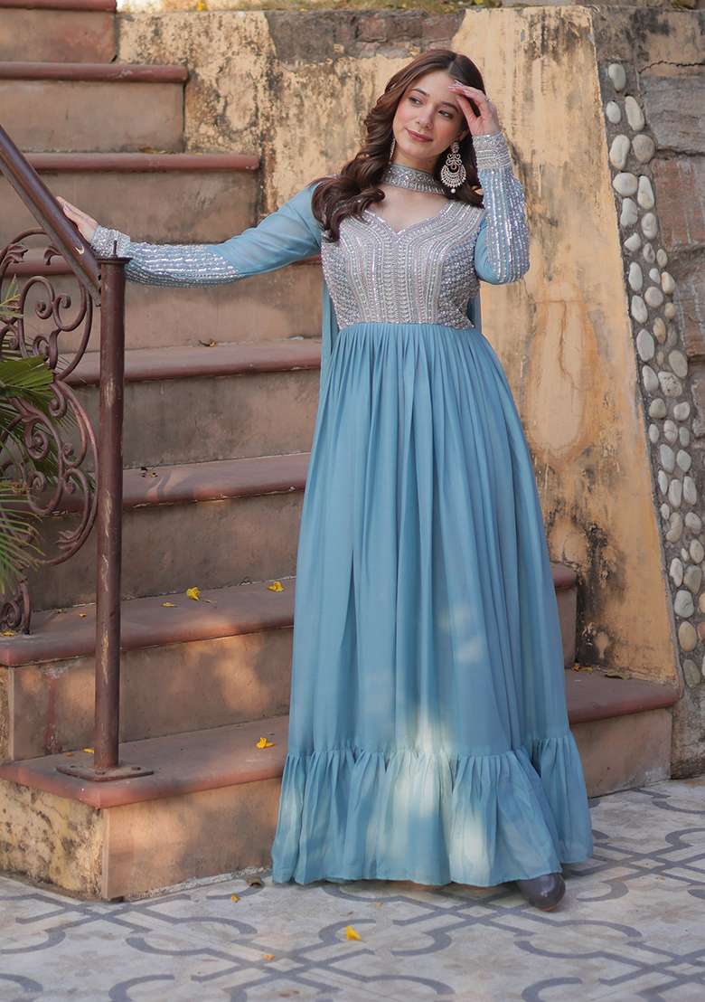 Sky Blue Embroidered Georgette Anarkali With Dupatta - Indya