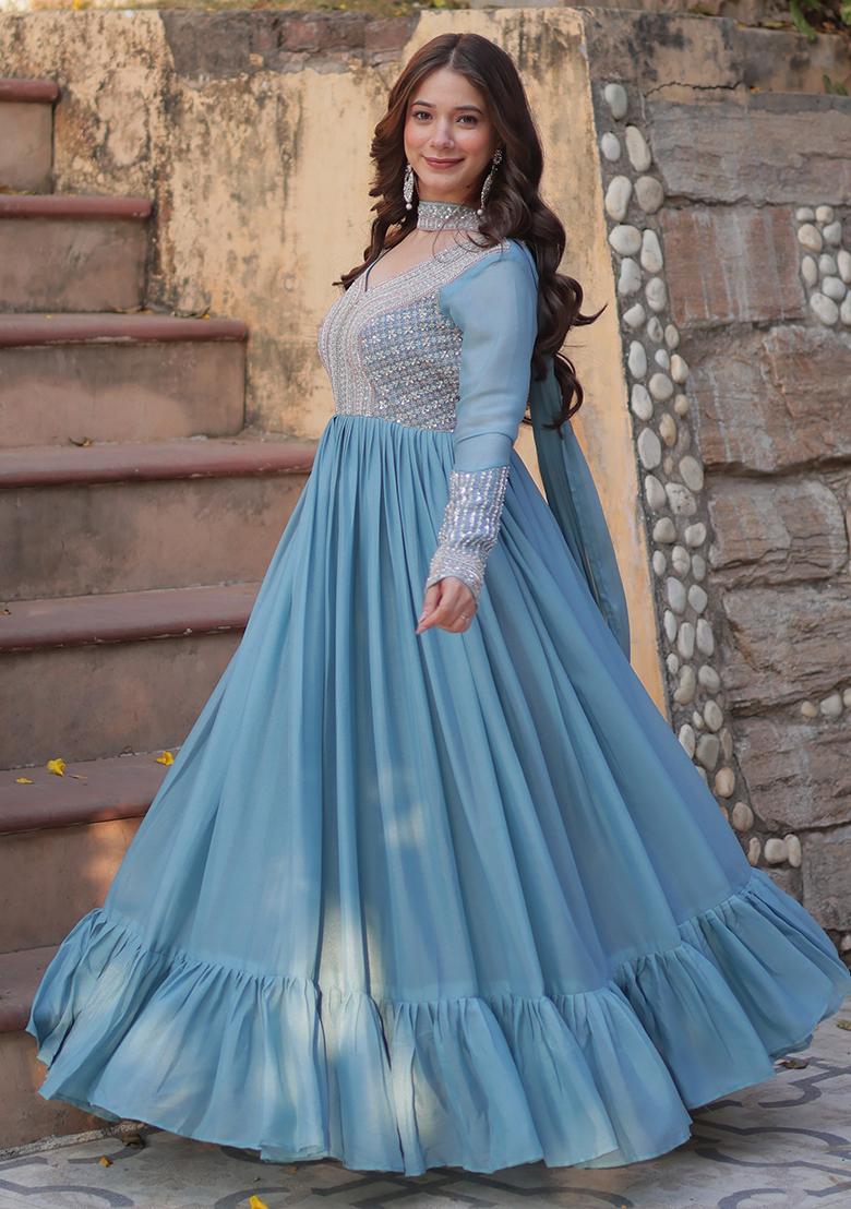 Sky Blue Embroidered Georgette Anarkali set