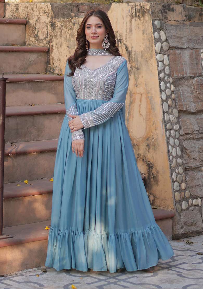 Sky Blue Embroidered Georgette Anarkali With Dupatta - Indya