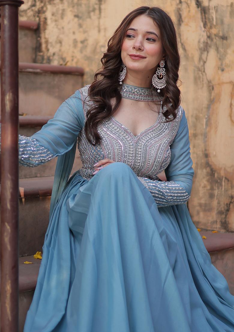 Sky Blue Embroidered Georgette Anarkali set
