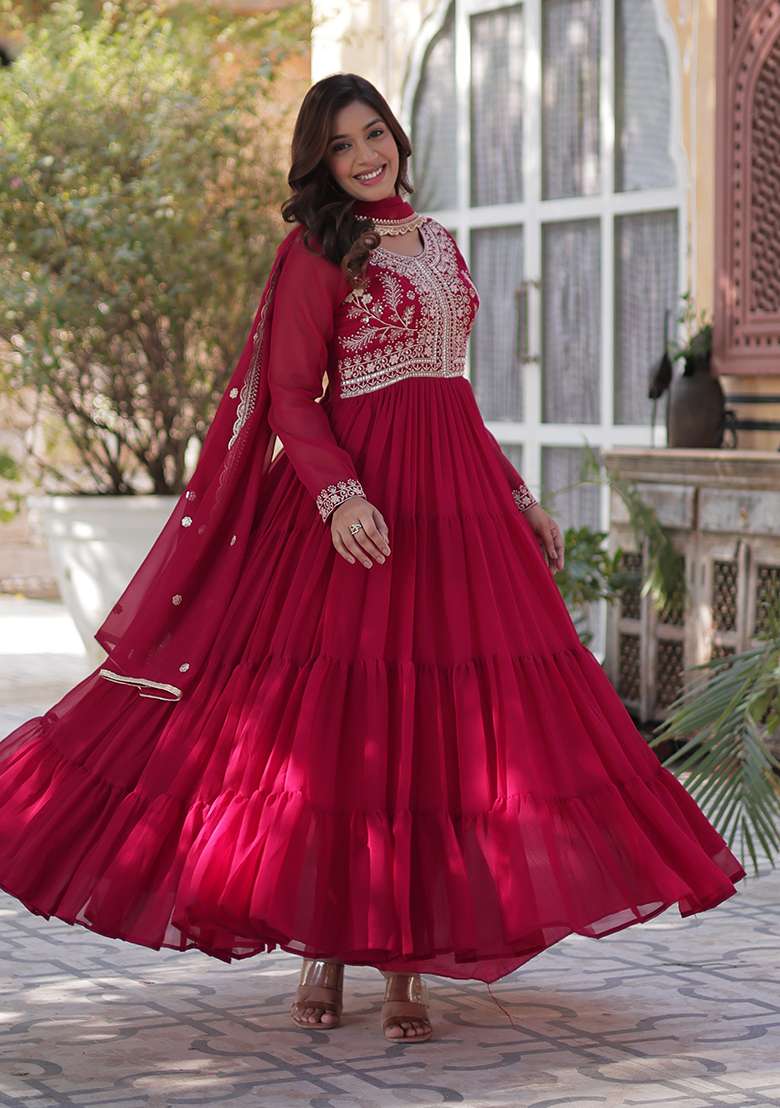 Pink Embroidered Georgette Anarkali With Dupatta - Indya