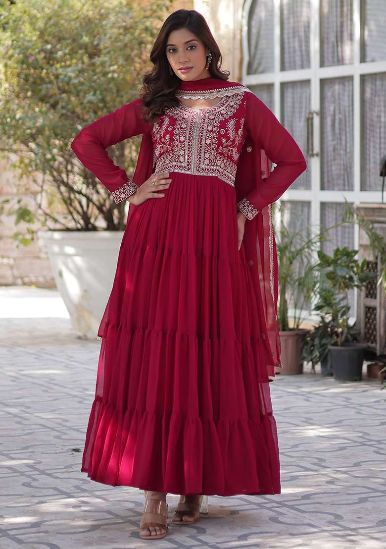 Pink Embroidered Georgette Anarkali With Dupatta - Indya