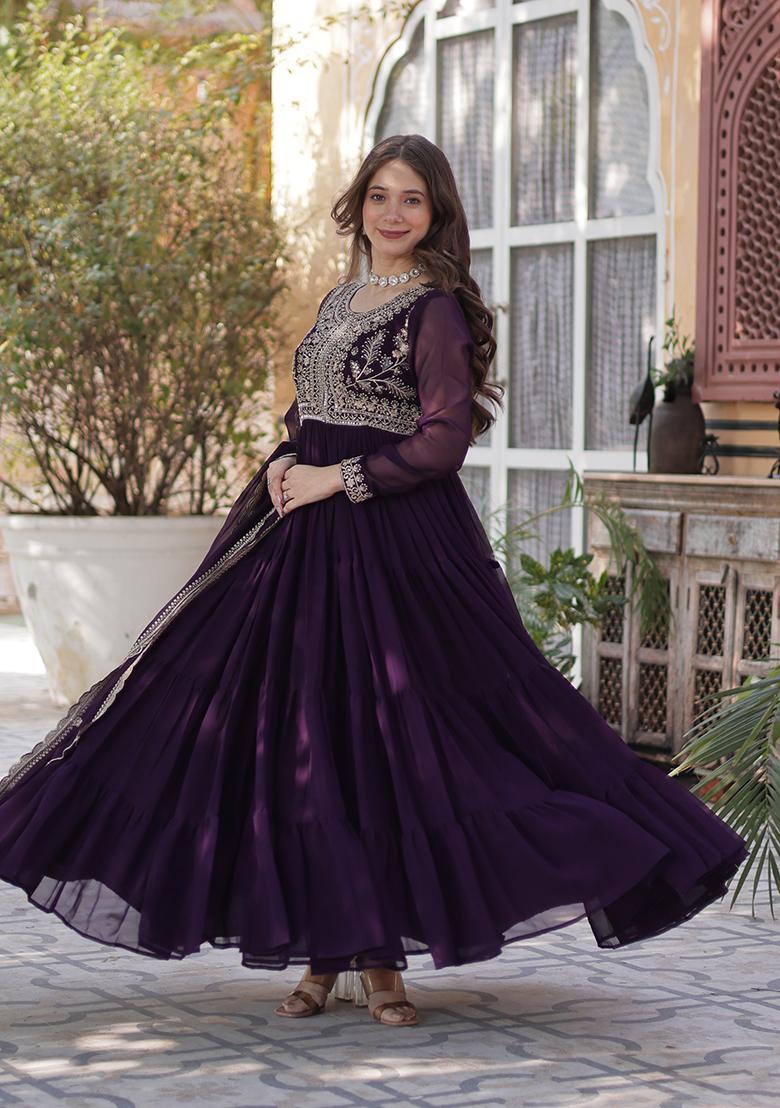Purple Embroidered Georgette Anarkali set