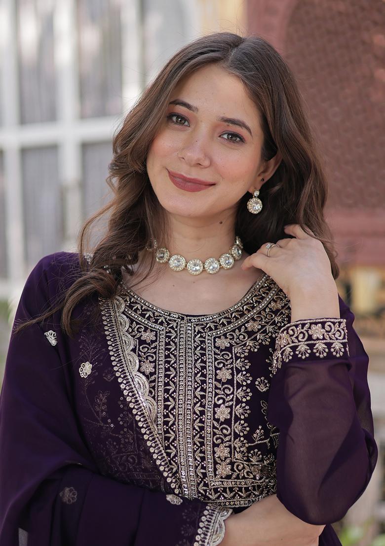 Purple Embroidered Georgette Anarkali set