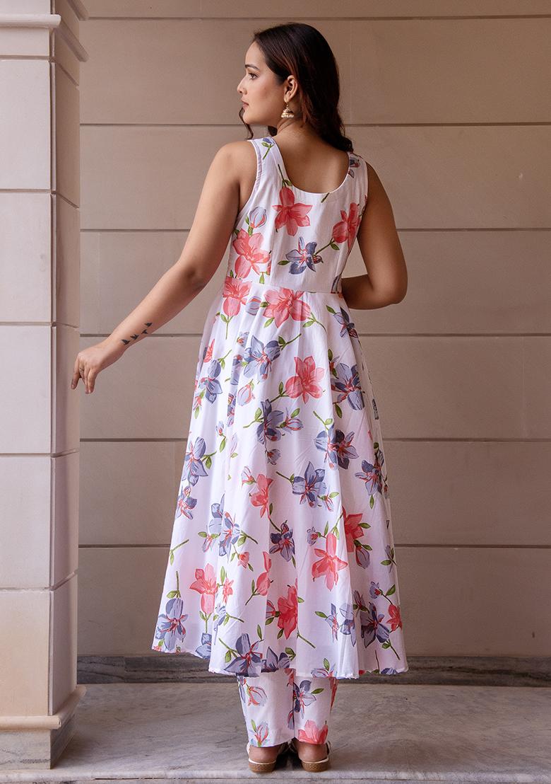 White Embroidered Cotton Anarkali set