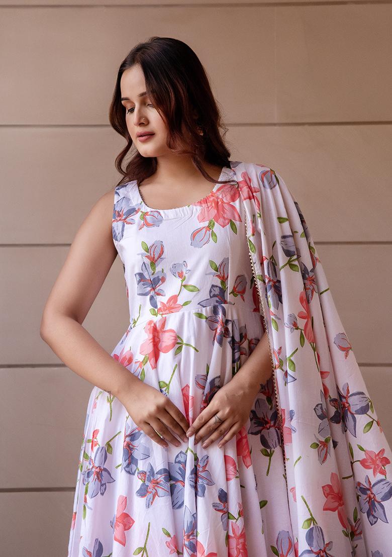 White Embroidered Cotton Anarkali set