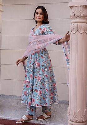 Blue Floral Cotton Anarkali set