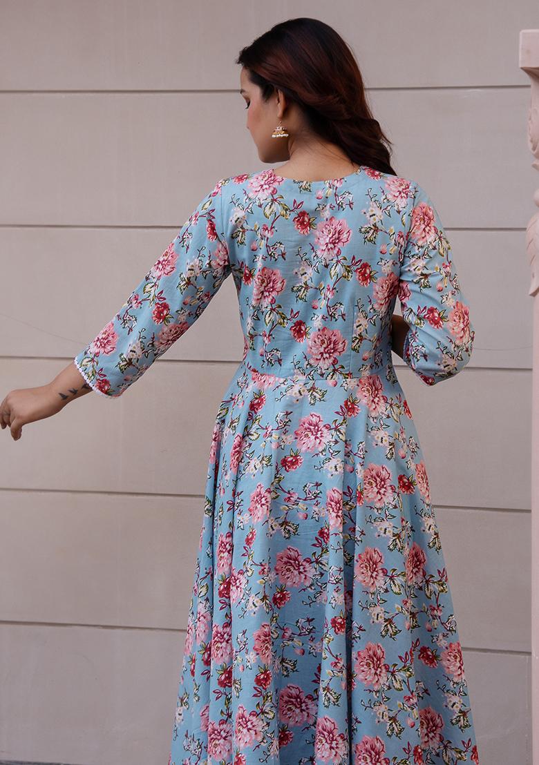 Blue Floral Cotton Anarkali set