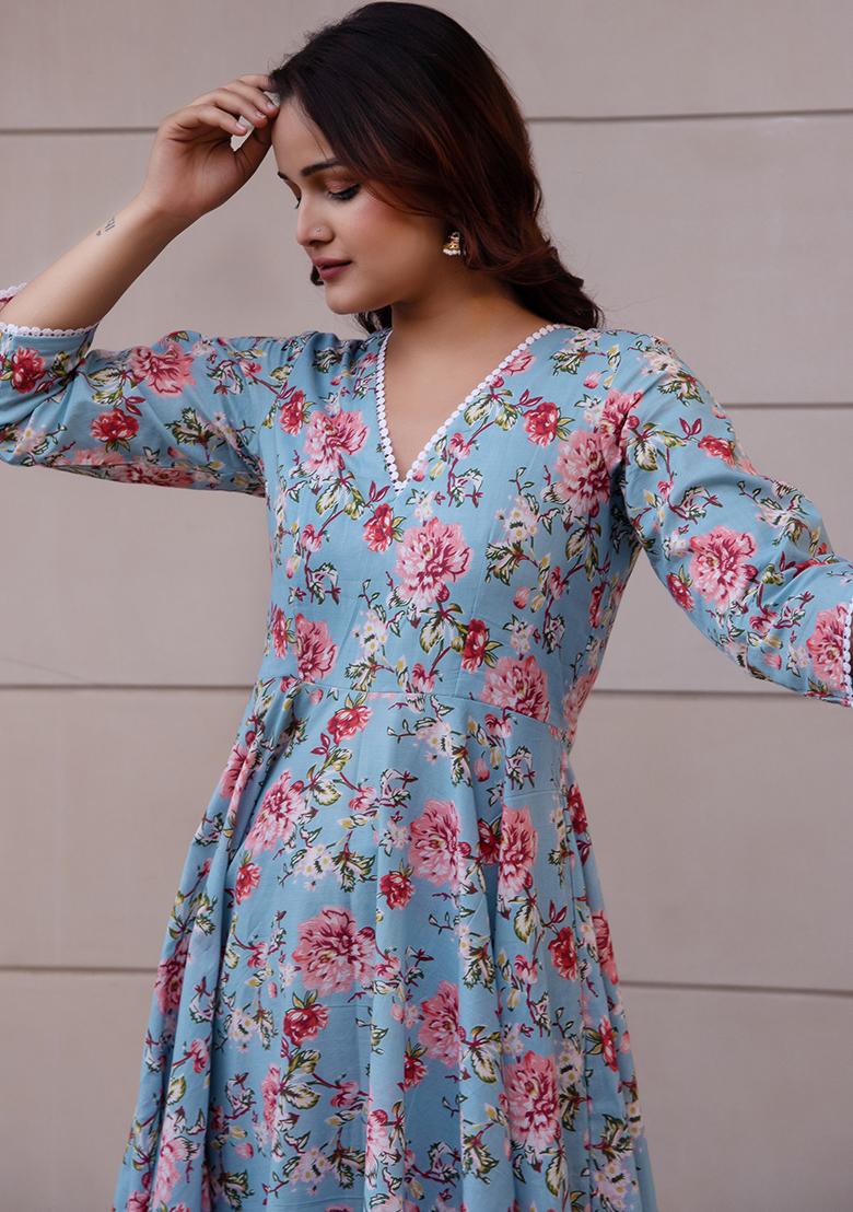 Blue Floral Cotton Anarkali set