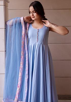 Blue Net Cotton Anarkali set