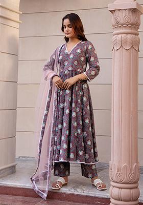 Purple Net Cotton Anarkali set