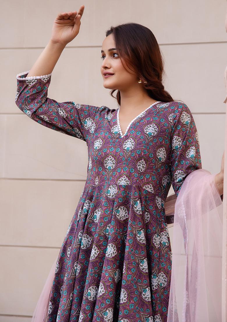 Purple Net Cotton Anarkali set