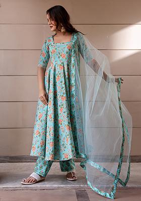 Teal Green Net Cotton Anarkali set