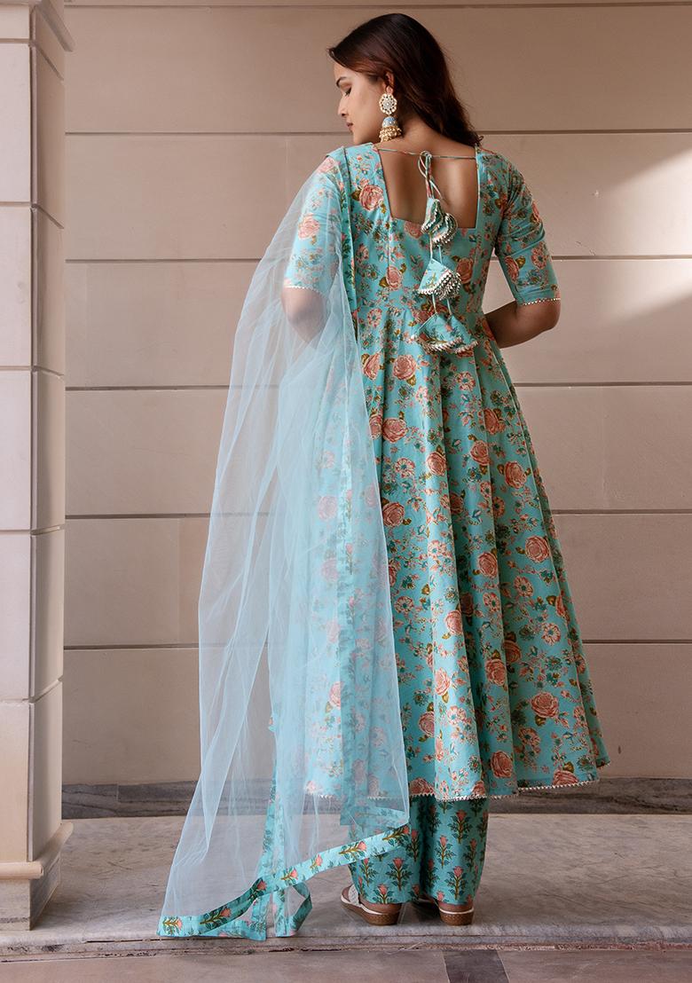 Teal Green Net Cotton Anarkali set