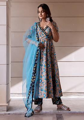 Blue Net Cotton Anarkali set