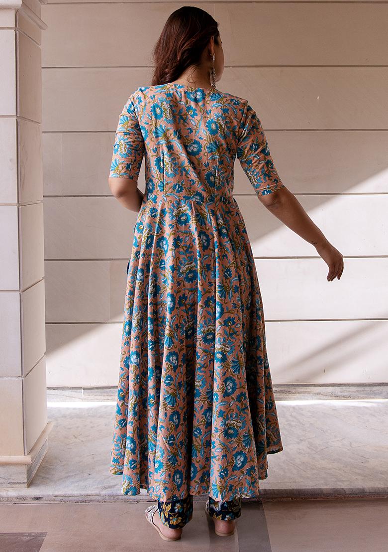 Blue Net Cotton Anarkali set