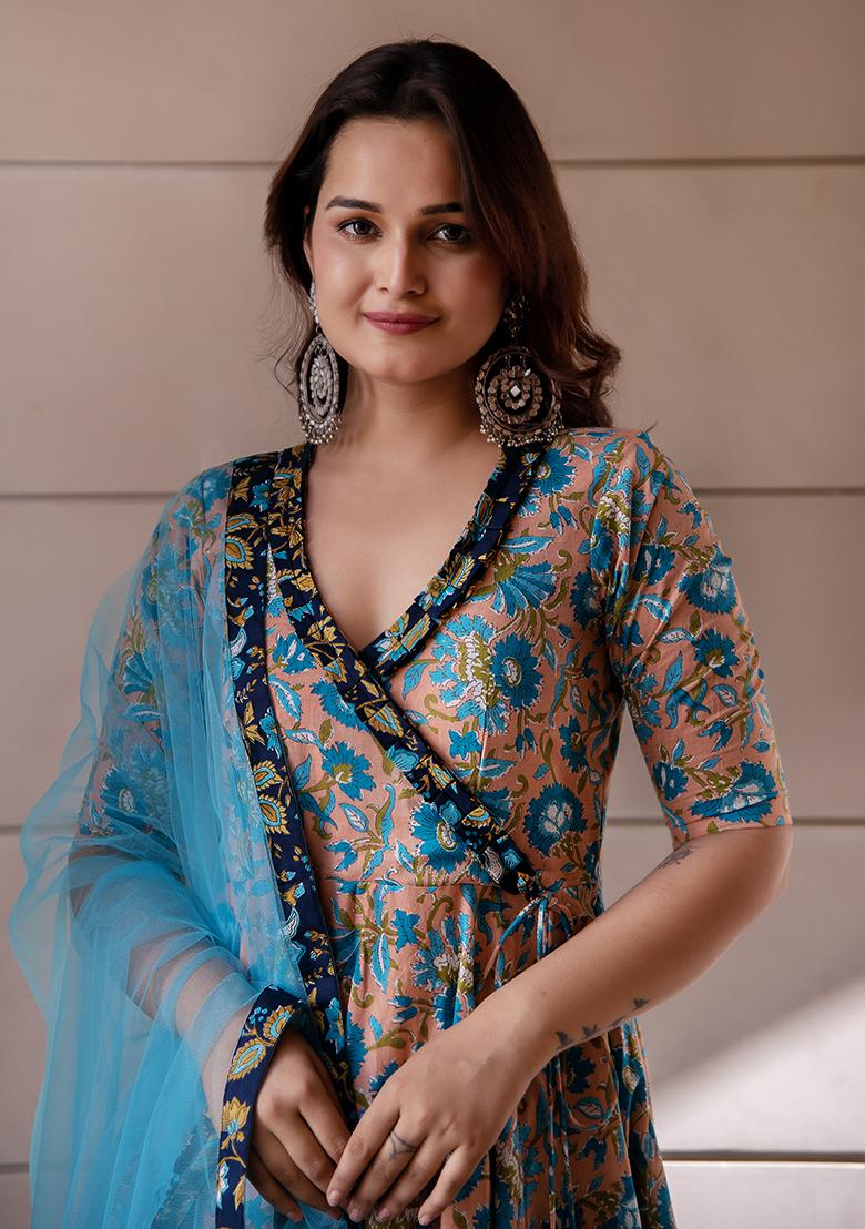 Blue Net Cotton Anarkali set