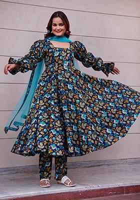 Blue Net Cotton Anarkali set