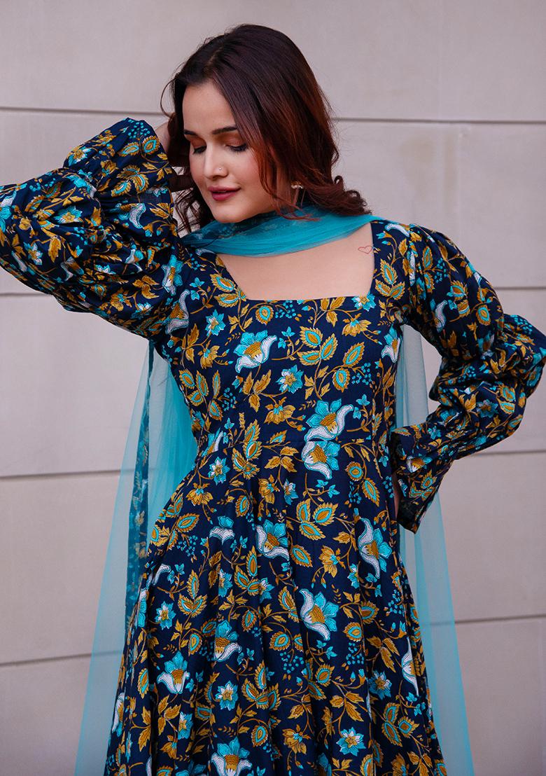 Blue Net Cotton Anarkali set