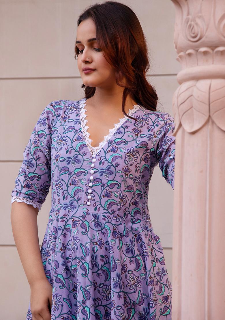 Lavender Floral Cotton Anarkali set