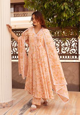 Orange Floral Cotton Anarkali set