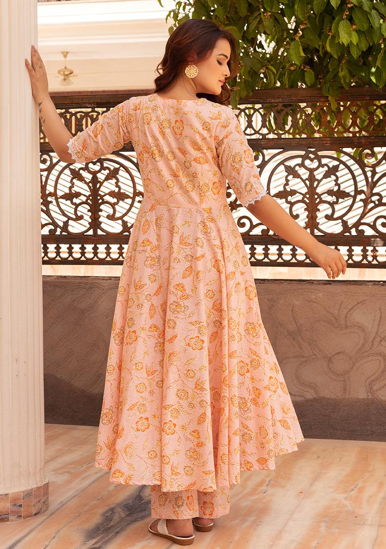 Orange Floral Cotton Anarkali set