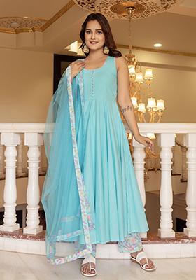 Pastel Blue Net Cotton Anarkali set
