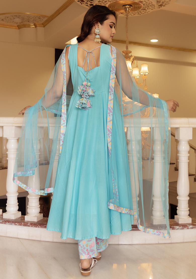 Pastel Blue Net Cotton Anarkali set