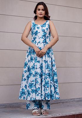 Blue Embroidered Cotton Anarkali set