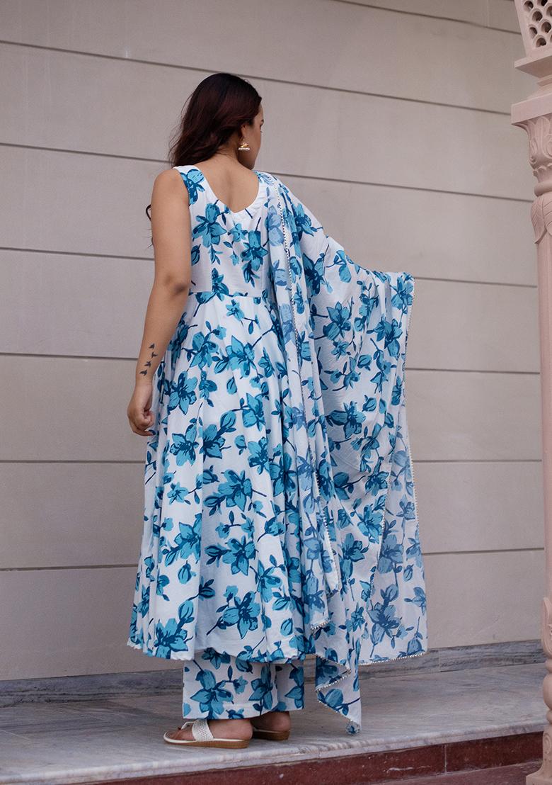 Blue Embroidered Cotton Anarkali set