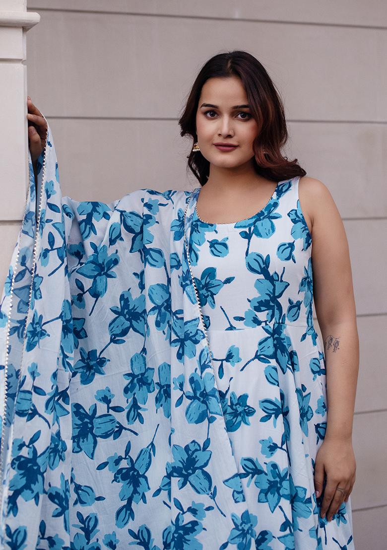 Blue Embroidered Cotton Anarkali set