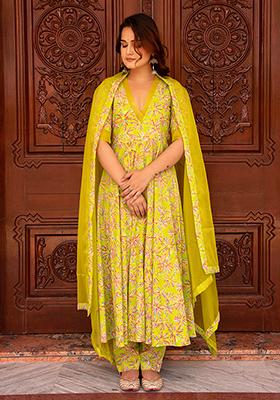 Green Embroidered Cotton Anarkali set