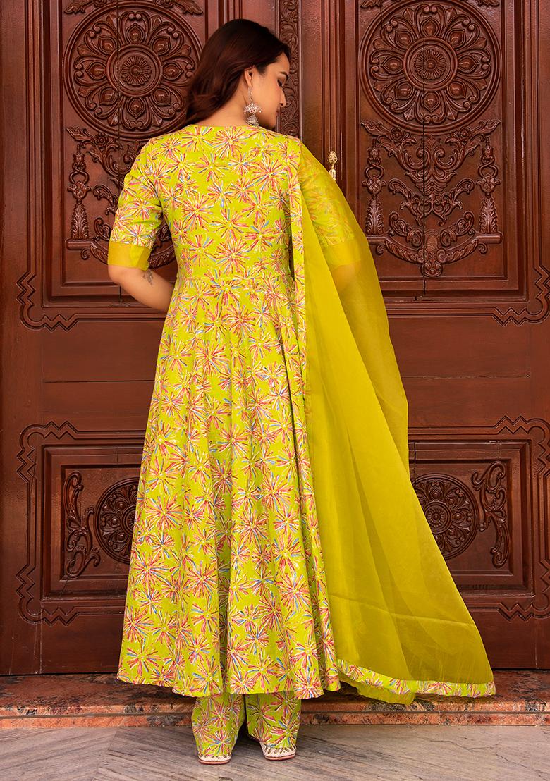 Green Embroidered Cotton Anarkali set