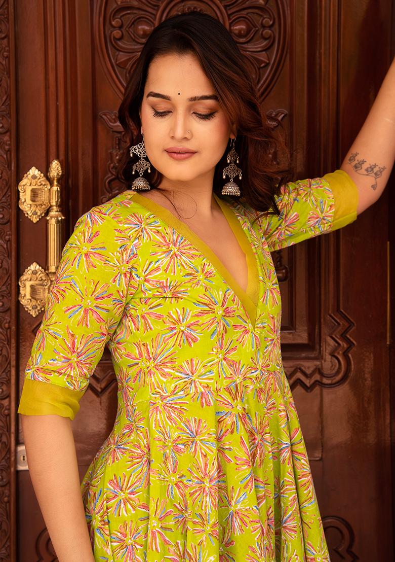 Green Embroidered Cotton Anarkali set