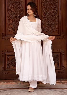 White Embroidered Cotton Anarkali set