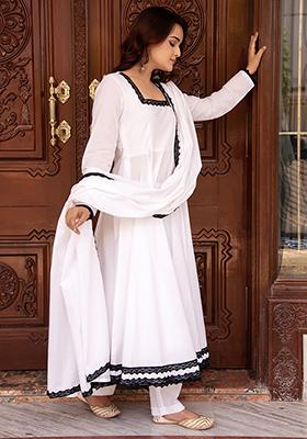 White Embroidered Cotton Anarkali set