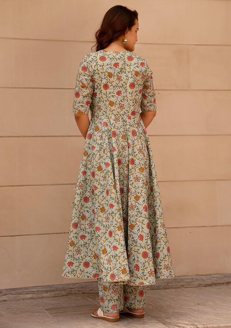 Pastel Green Net Cotton Anarkali set